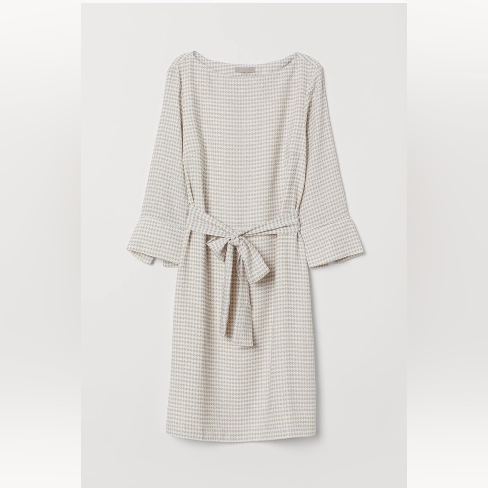 H&M Cream and Light Gray Tie-Waist Long-Sleeve Dress